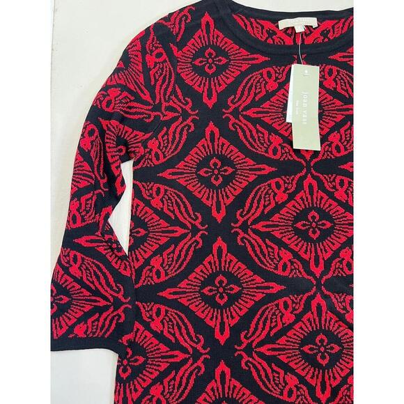 Joan Vass New York Sweater Tunic Size S Black Red Jacquard Asymmetrical Hem - Picture 4 of 12
